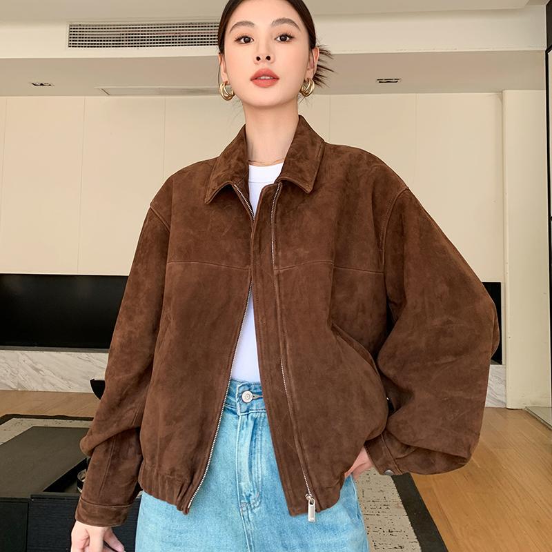 2026 Spring New Vintage Old Money Style Suede Genuine Leather Jacket for Women, Loose Fit, Imported Sheepskin Jacket Coat