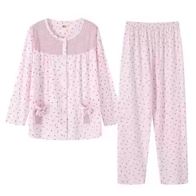Middle-aged mother pajamas female summer thin cotton long sleeve female pajamas plus size female pajamas senior female pajamas