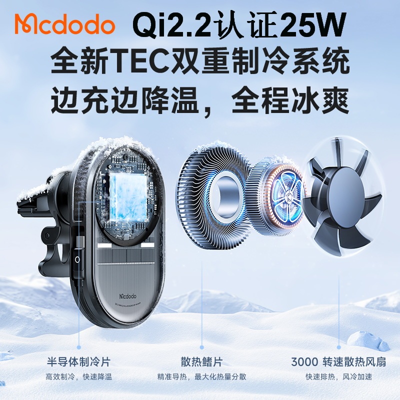 Mcdodo Qi2.2 Certified 25W Tec Cooling Wireless Car Charger + 45W Cigarette Lighter Car Charger Suitable for Apple 17 Series/16Pro Max