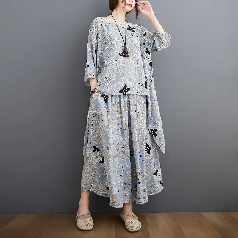 long skirt and top set DIMANAF Plus Size Two Piece Set Suit Women Clothing Vinatge Print Elegant Lady Tops Shirt Linen Loose Pants Female Suit Summer cute pj sets