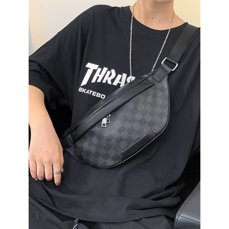 Lvаfgn Chest Bag for Men, Simple Casual Leather Men's Shoulder Bag, Fashionable Plaid European and American Men's Bag, Men's Waist Bag, Crossbody Bag