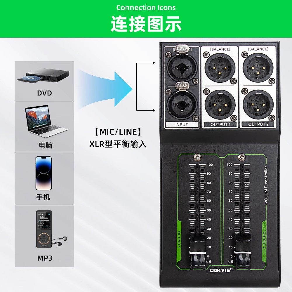6.35mm Xlr 1 Input 2 Output Splitter for 2-Channel Audio Speaker Volume Mixer with Manual Adjustment Control