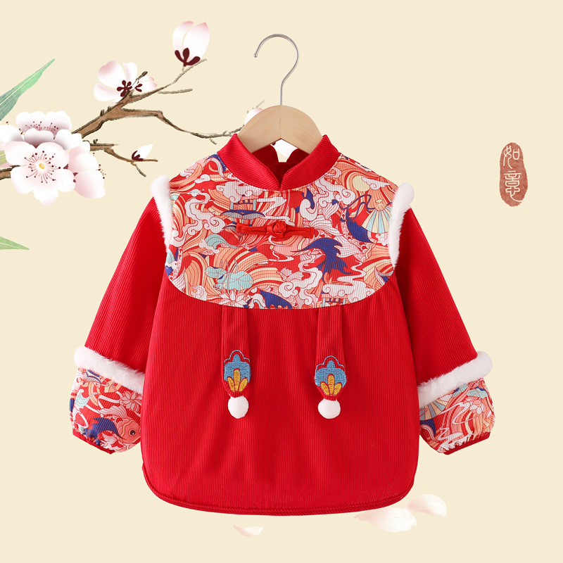 Chinese style baby smock, children's apron, reverse dressing, baby eating bib, autumn and winter long-sleeved waterproof outer protective clothing