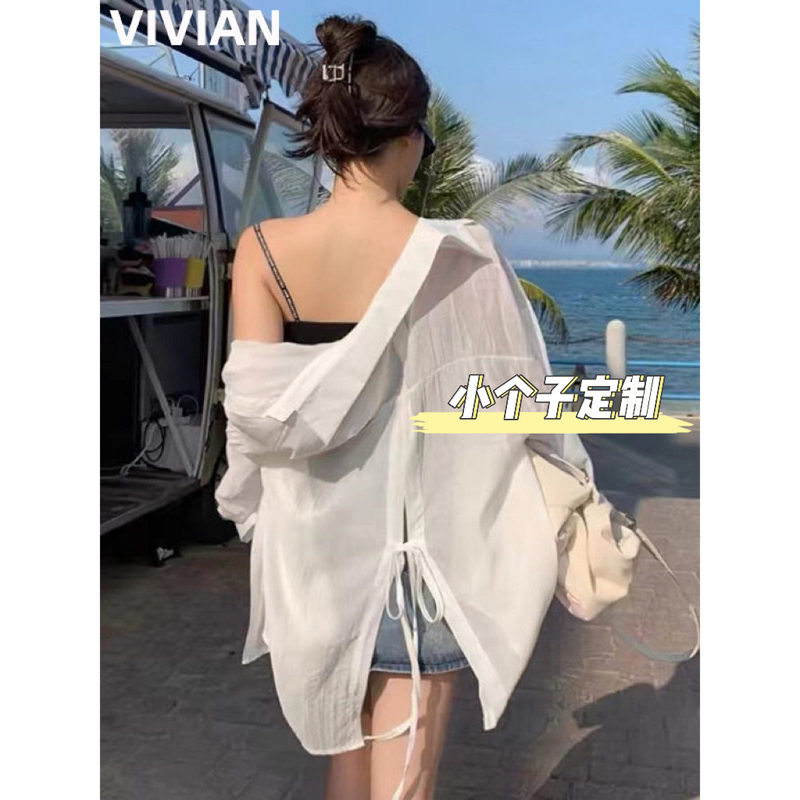 Vivian 150 Petite Thin Sun-Protective Shirt Jacket for Women, Summer Back Slit Tie Unique Shirt Top