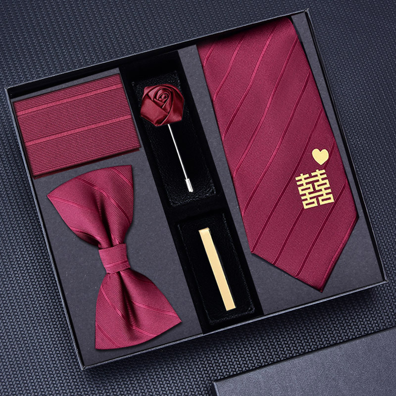 Groom's Wedding Burgundy Black Tie Bow Tie Pocket Square Tie Clip Boutonniere Set Men's Zipper No-Knot Tie