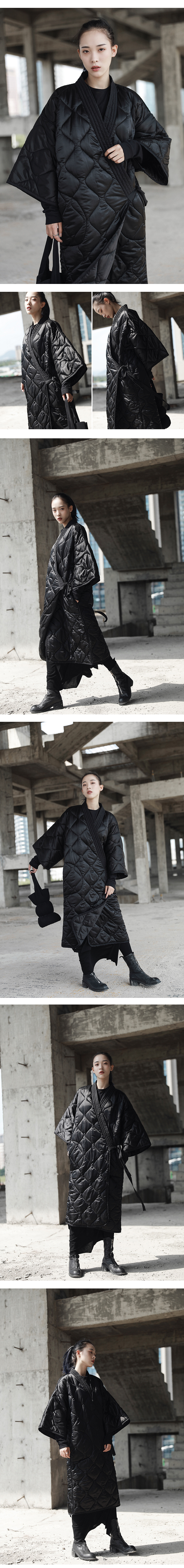 ĐƠN GIẢN ĐEN gió đen mùa đông Nhật Bản kimono dây đeo robe loose dài coat bông coat jacket nữ áo phao béo nam