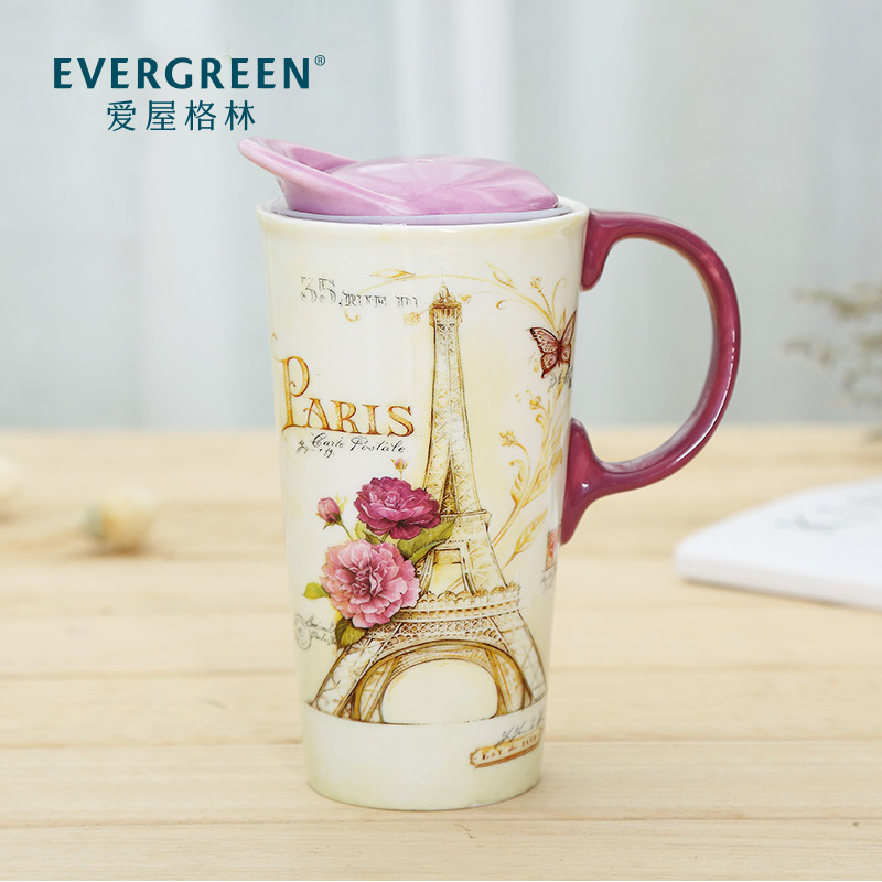 Love House Green mug with lid large capacity ceramic cup cute cat coffee cup office water Cup home