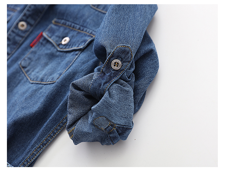 Áo sơ mi denim trẻ em mùa thu mới bé trai sử dụng áo sơ mi dài tay đôi trong quần áo denim trẻ em lớn 100-160 sơ mi dài tay bé gái
