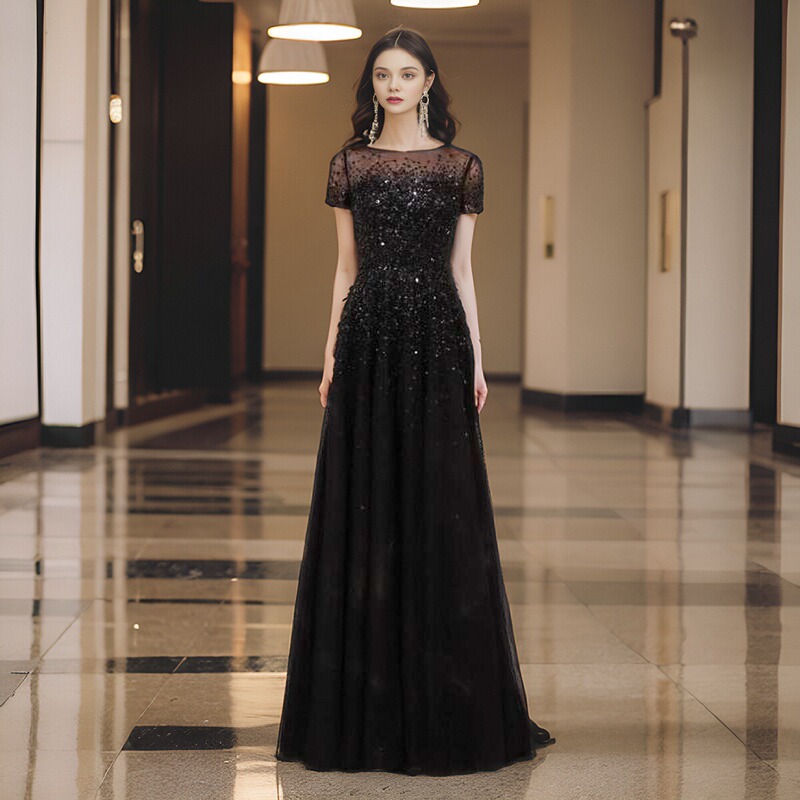 Black Evening Dress for Women, Elegant and Graceful Banquet Dress, Simple and Slimming Hostess Dress Black Evening Dress for Women, Elegant and Graceful Banquet Dress, Simple and Slimming Hostess Dress