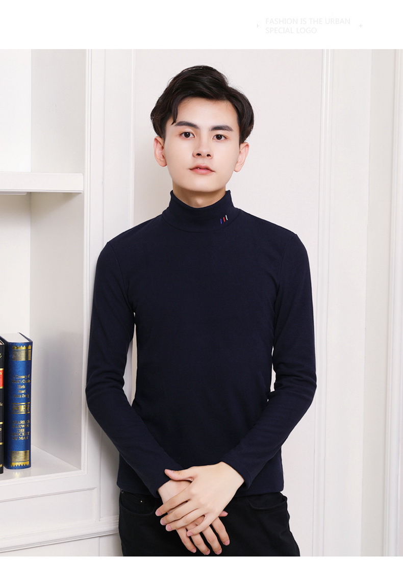 Áo len cao cổ màu xanh đậm cho nam mùa thu đông cộng với áo len nhung nam áo len mỏng phiên bản Hàn Quốc của xu hướng áo sơ mi nam áo nam