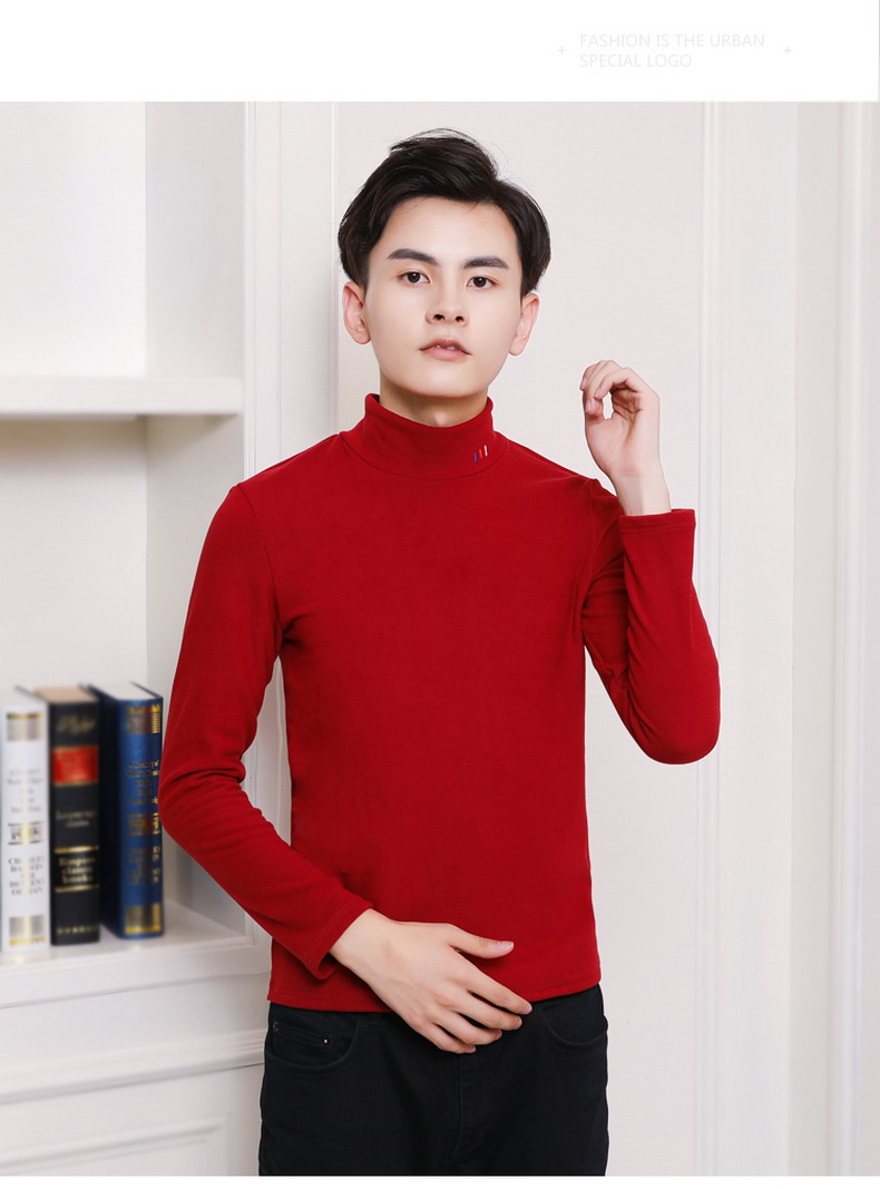 Áo len cao cổ màu xanh đậm cho nam mùa thu đông cộng với áo len nhung nam áo len mỏng phiên bản Hàn Quốc của xu hướng áo sơ mi nam áo nam