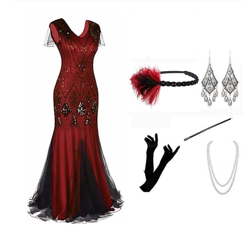 New 1920S Gatsby Dance Party Long Sequin Host Evening Dress Retro V-Neck Fishtail Floor-Length Dress