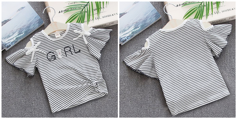 Cô gái ngắn tay T-Shirt 2018 mùa hè mới trẻ em nhỏ của bé cotton Hàn Quốc phiên bản của off-the-vai bay tay áo sọc tops