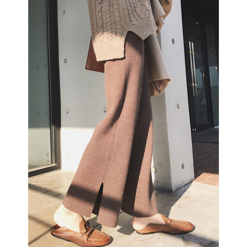 Pregnant woman broad legs pants in autumn and winter knitted pants wear belly loose tube trousers and thick fork casual pants mom