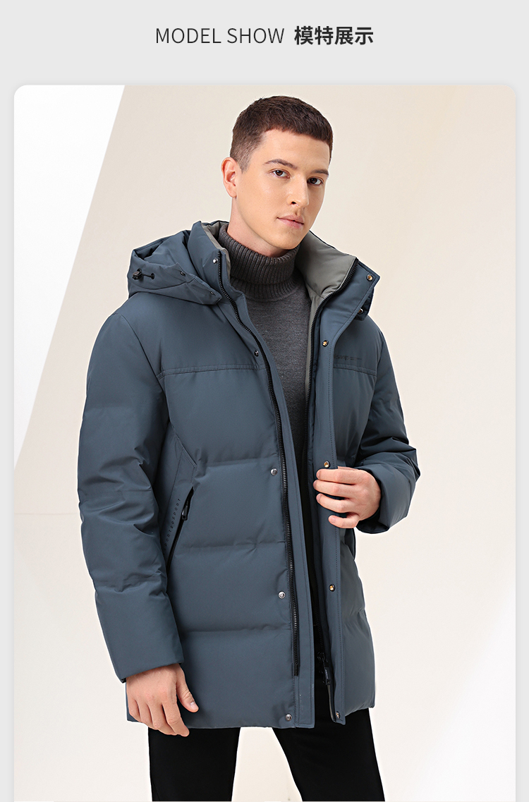 雪中飞 男士 鹅绒 中长款休闲连帽羽绒服 图12