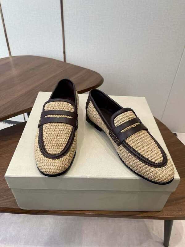 2026 New Bc Genuine Leather Woven Loafers Women's Flat Slip-On Lazy Shoes