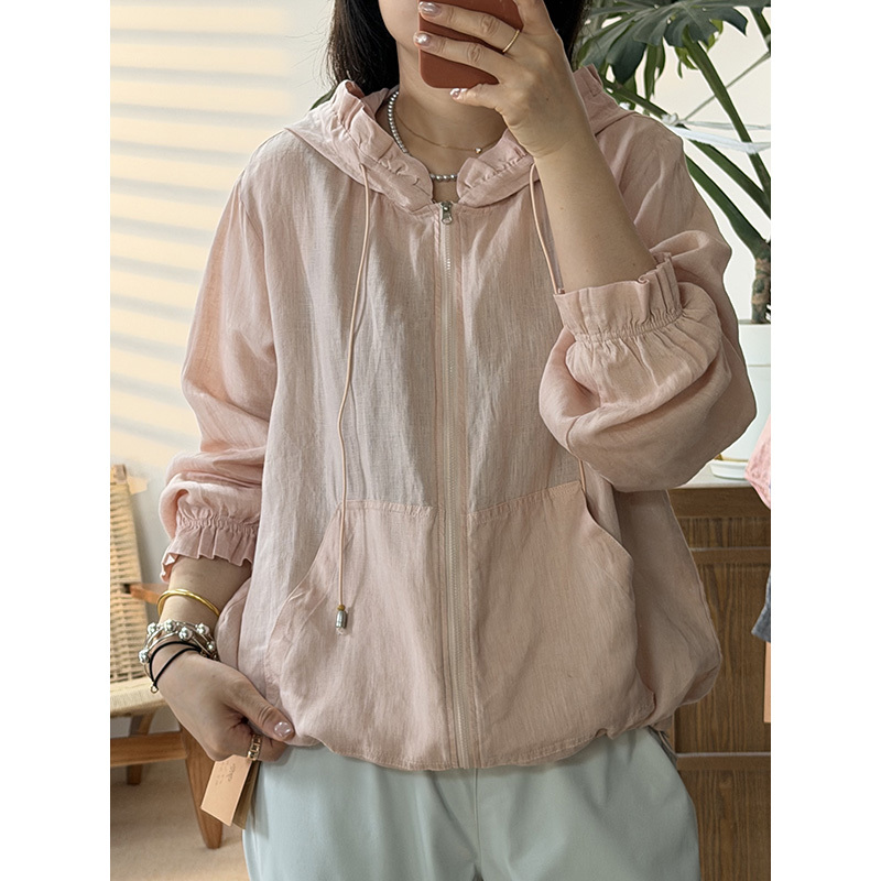 100% Hemp New Style Hooded Lightweight Breathable Sun Protection Jacket Women's Top 589-1