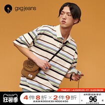gxgjeans mens summer polo shirt mens ins Japanese retro stripe lapel short-sleeved T-shirt tide