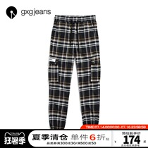 gxgjeans mens 2020 summer new plaid trousers drawstring feet large pocket casual pants Korean version of the tide