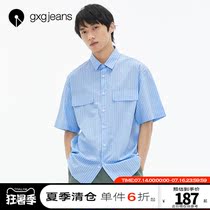 gxgjeans mens summer short-sleeved shirt mens trend handsome stripes casual printing shirt mens trend