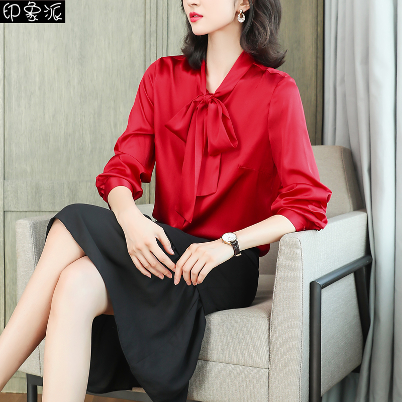 Red Heavy Silk Shirt for Women, Long-Sleeved, 2026 Autumn Style, Elegant Ribbon Bow Satin Silk Top Red Heavy Silk Shirt for Women, Long-Sleeved, 2026 Autumn Style, Elegant Ribbon Bow Satin Silk Top