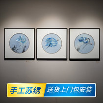 New Chinese style lotus clear and triple hand embroidery Su embroidered sofa Background wall TV wall Living room Decorative Painting