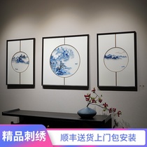 New Sanlian landscape flowers and birds scenery pure handmade Su embroidery new Chinese style ancient soft decoration with frame finished hanging painting