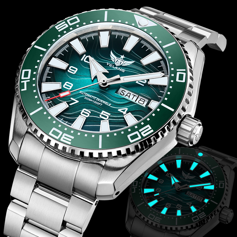 New Model Green Submariner Men's Watch, Wild Wolf Men's Fully Automatic Mechanical Watch, Men's Waterproof Luminous Watch T1037