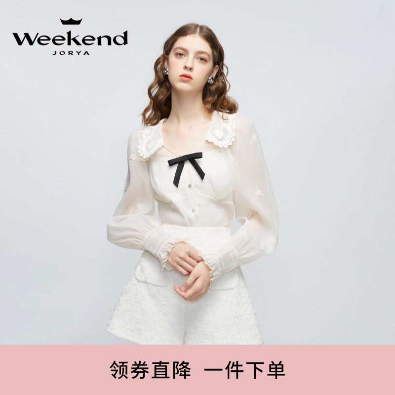 Zhuoya Weekend Spring New Lace Lapel Bow Embellished Embroidered Floral Shirt Ejweaa21