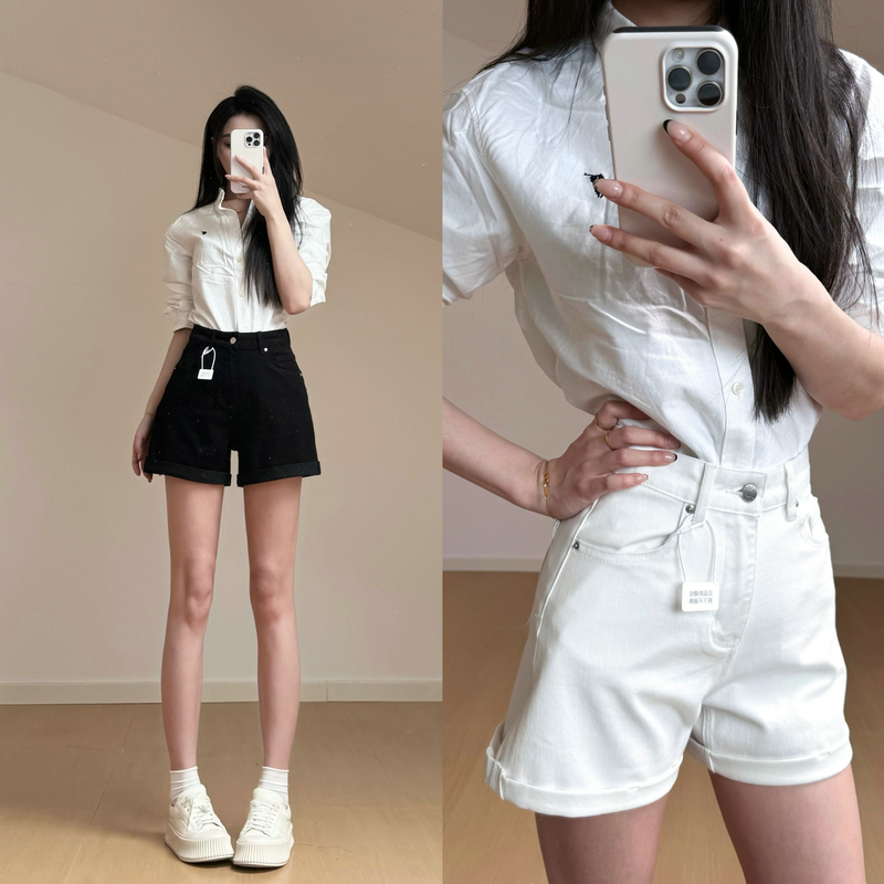 Cat House Extra Long Women's Pants for Tall People, Rolled Hem A-Line Denim Shorts, Summer High-Waisted Four-Way Stretch Versatile Hot Pants