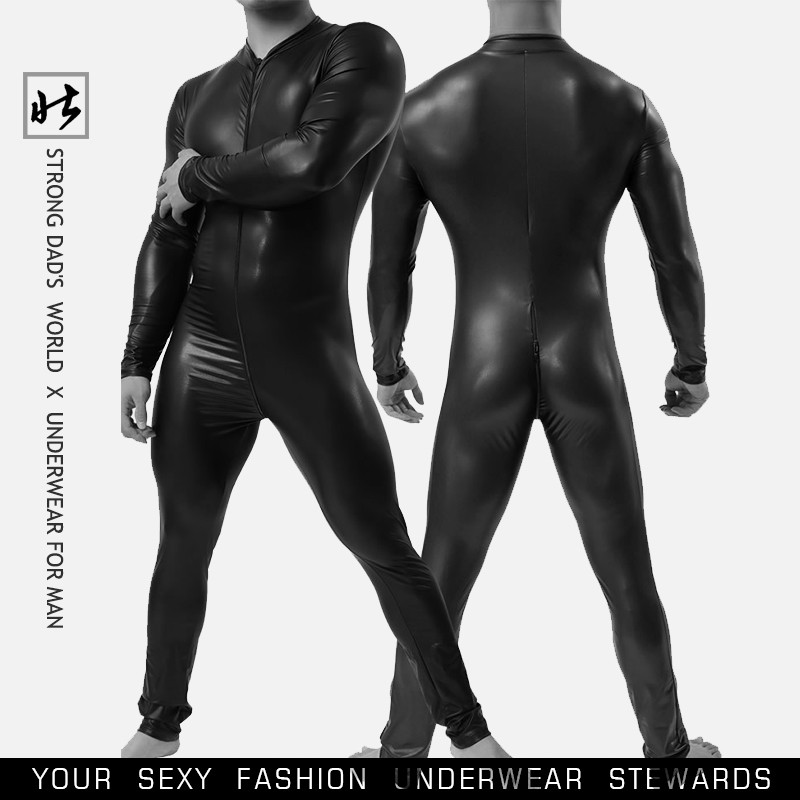 Personalized fashion men's new black patent leather jumpsuit exported to Europe and the United States personalized men's gay long zipper cardigan