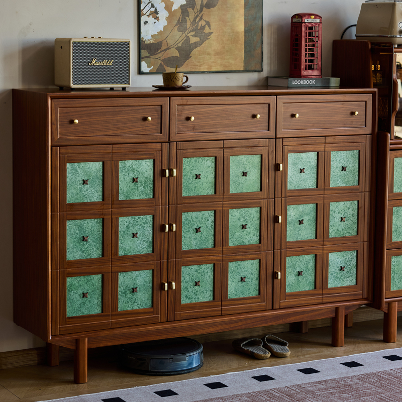 Yujie Gold-Plated Mid-Century Style Solid Teak Wood Shoe Cabinet Modern Minimalist Walnut Wood Entryway Vintage Storage Cabinet