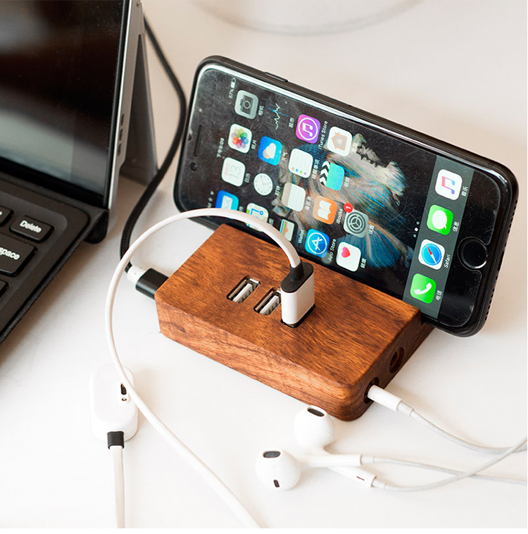 Đen óc chó gỗ tùy chỉnh biểu tượng máy tính xách tay usb dòng mở rộng đa giao diện trung tâm splitter với âm thanh - USB Aaccessories quạt cầm tay mini