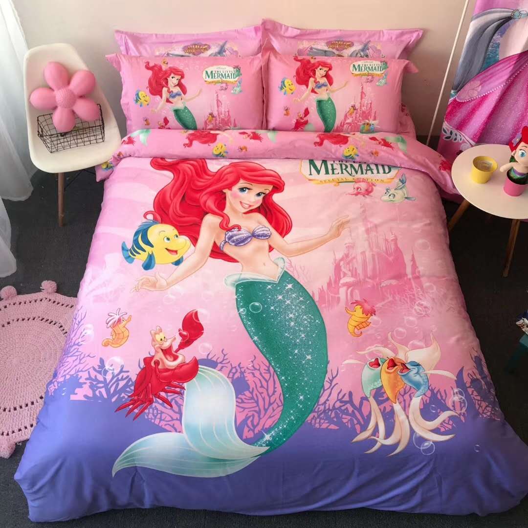 Mermaid Princess Wind All-cotton Cartoon Four Pieces Of Pure Cotton Quilt Cover Bed Linen Bed Hat Bedding Girl Cute Powder