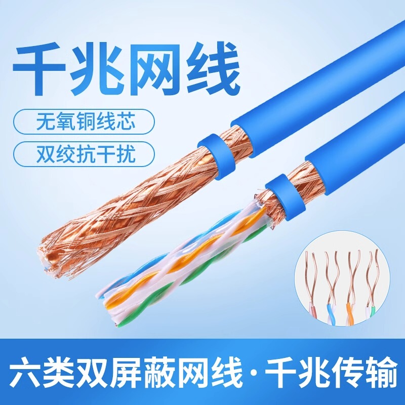 Network Cable for Home Use, Category 6, High-Speed Gigabit, Super 6, Double Shielded, Broadband Computer Network, Outdoor Monitoring, 8-Core Pure Copper Twisted Pair Network Cable for Home Use, Category 6, High-Speed Gigabit, Super 6, Double Shielded, Broadband Computer Network, Outdoor Monitoring, 8-Core Pure Copper Twisted Pair