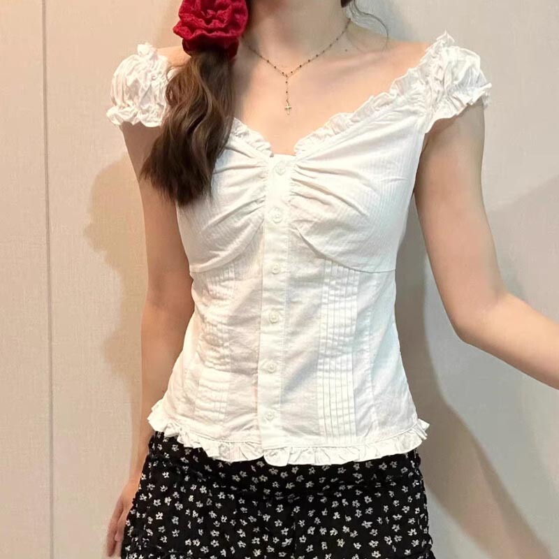 Brandy Bm Teng Jie Style Plaid Flutter Sleeve V-Neck Short-Sleeve Shirt for Women, Bm Ruffled Single-Breasted Top T-Shirt