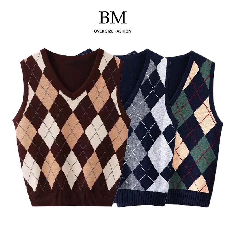 Brandy Girl New Spring and Autumn American Retro Quilted Knitted Vest Plaid Preppy Style V-Neck Bm Vest for Women