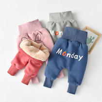  Childrens winter pants 1-2-3-4-year-old baby plus velvet PP pants Boys autumn and winter pants big butt pants printed outer wear pants