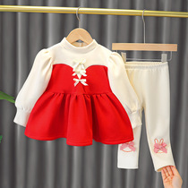 Baby girl plus velvet childrens clothing autumn and winter set 2021 new childrens girls winter dress two-piece skirt leggings