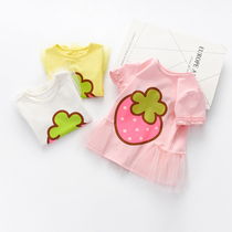  Girls Short-sleeved summer clothes Cute Strawberry skirt Female pink dress All-match lace white cotton summer clothes