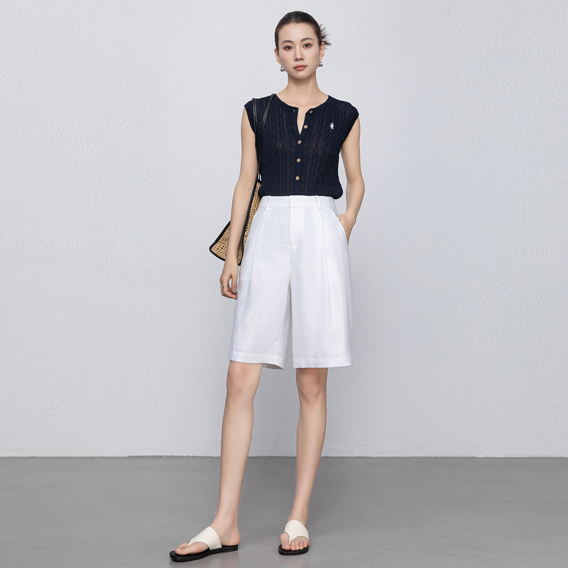 Old Money Style 100% Pure Linen Bermuda Shorts for Women, White Wide-Leg Shorts, New Summer Loose Mid-Length Pants