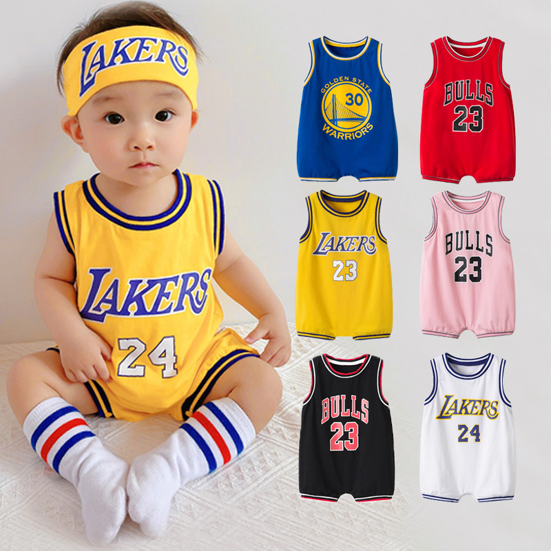 Male and Female Baby Basketball Sports Sleeveless Baby Pure Cotton Jersey Jumpsuit Summer Newborn Kidsren 0-2 Years Old Crawling Suit