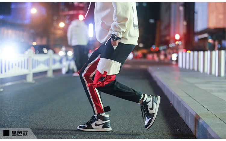 Ins Guo Chao overalls nam thương hiệu lỏng hip hop ruy băng chức năng nối chic chic chân quần nam mùa thu và mùa đông quần nam ống rộng