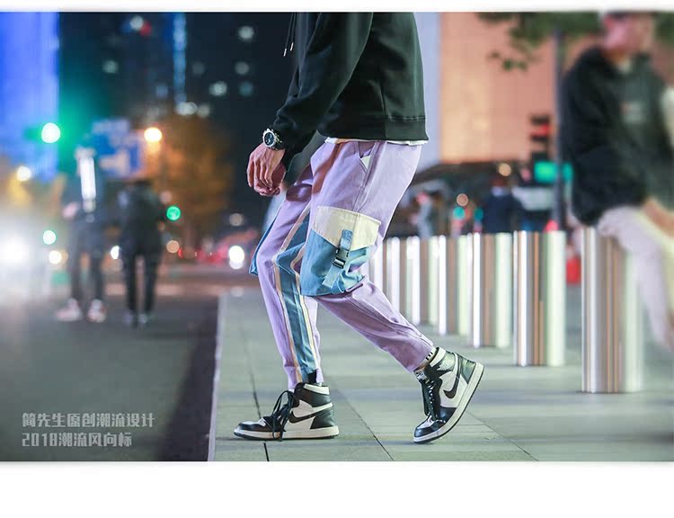 Ins Guo Chao overalls nam thương hiệu lỏng hip hop ruy băng chức năng nối chic chic chân quần nam mùa thu và mùa đông quần nam ống rộng