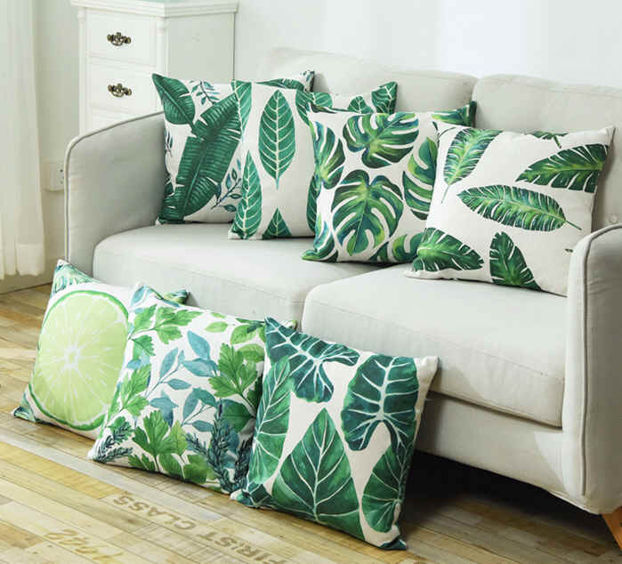 Fresh green leaves thick cotton linen cushion pillow cover Nordic garden sofa car backrest office nap pillow