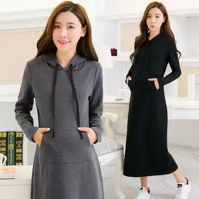 2021 autumn dress Korean version of maternity hooded long cotton T plus velvet thickened autumn winter dress pregnant women slim jumpsuit long