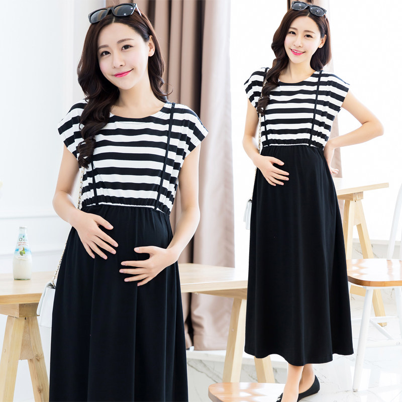 2020 Summer new gestation Women in Han version Slim Ocean Dress Out Striped Breastfeeding Nepotism Medium Long version of the dress