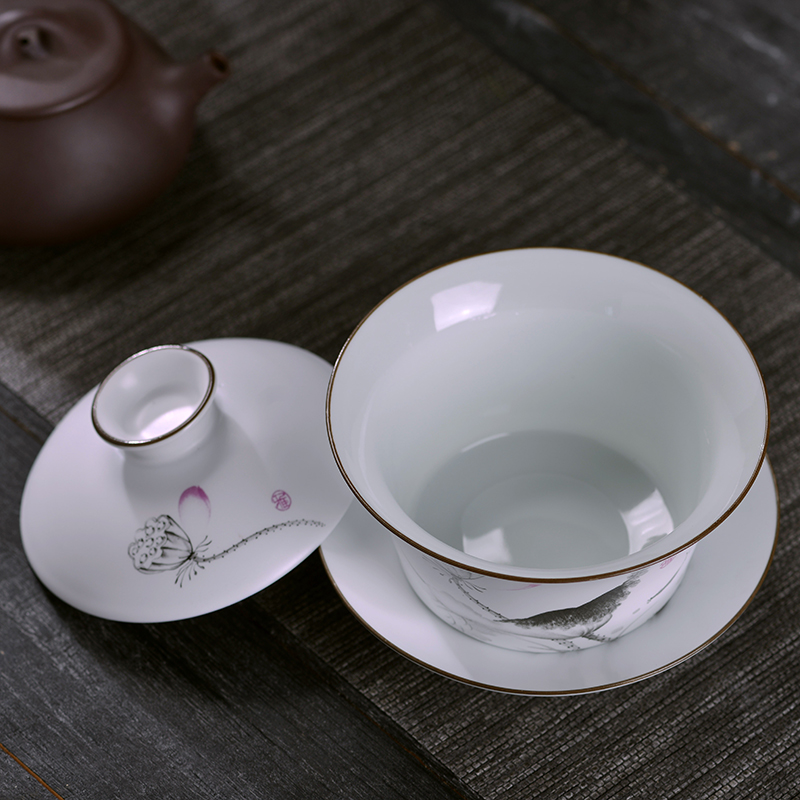 Jingdezhen ceramic tureen large bowl cover cup 300 ml kung fu bowl three bowl of tea to use hand grasp pot