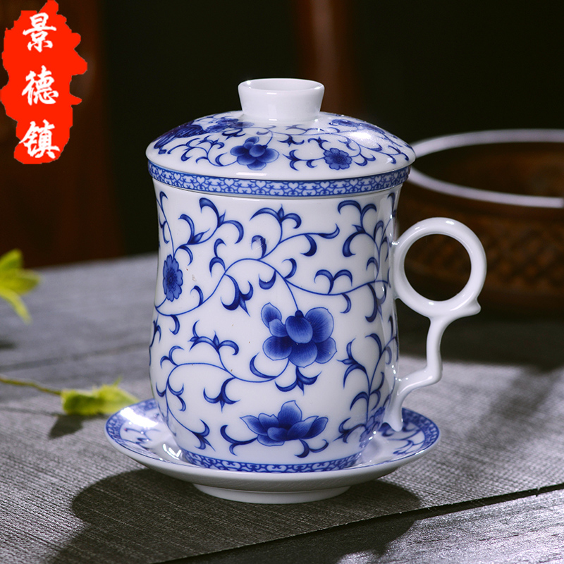 Jingdezhen ceramic cups with cover filter glass of blue and white porcelain enamel office cup household gift keller cup