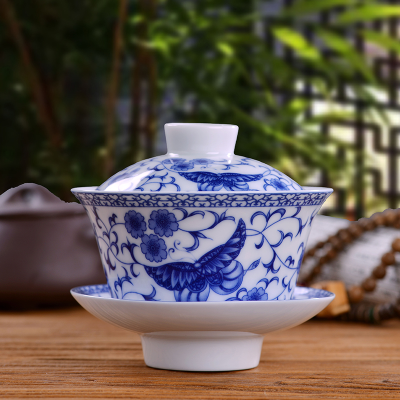 Jingdezhen blue and white porcelain covered bowl bowl ceramic bowl three begin kung fu tea set to catch a pot of tea bowl bowl is large